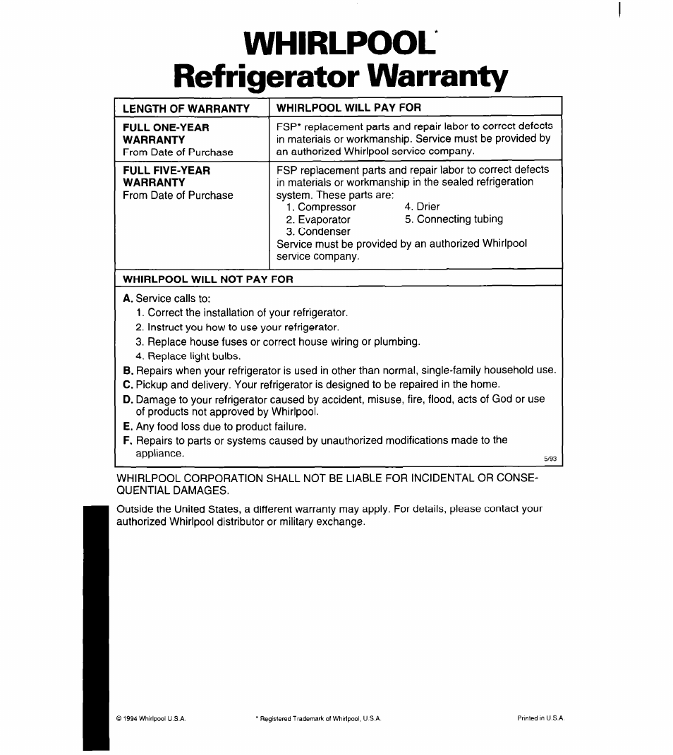 Whirlpool refrigerator warranty, Length of warranty, Whirlpool will pay for | Full one-year warranty, Full five-year warranty, Whirlpool will not pay for | Whirlpool 8ET18DK User Manual | Page 25 / 26