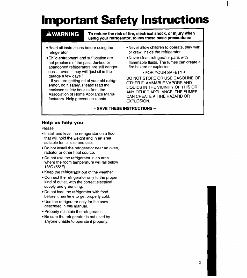 Important safety instructions, Save these instructions, Help us help you | Awarning | Whirlpool 8ET18DK User Manual | Page 4 / 26