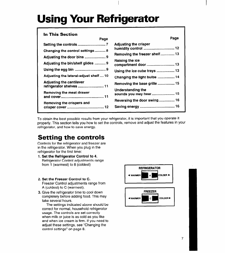 Using your refrigerator, In this section, Setting the controls | Whirlpool 8ET18DK User Manual | Page 8 / 26