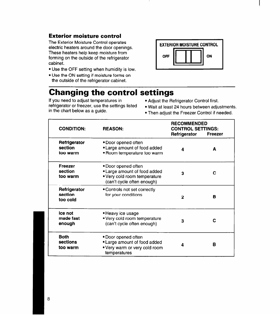 Exterior moisture control, Changing the control settings | Whirlpool 8ET18DK User Manual | Page 9 / 26