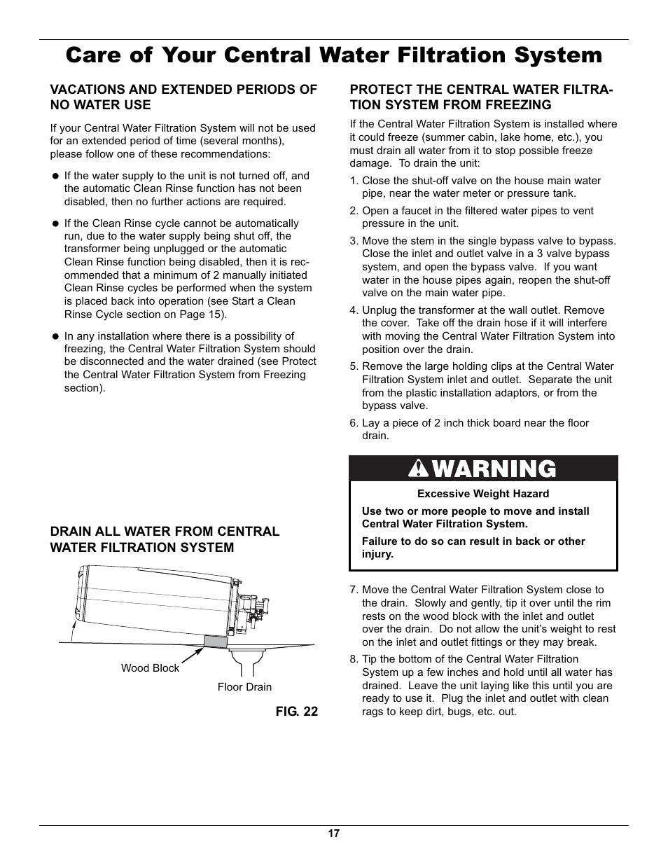 Care of your central water filtration system | Whirlpool WHELJ1 User Manual | Page 17 / 27