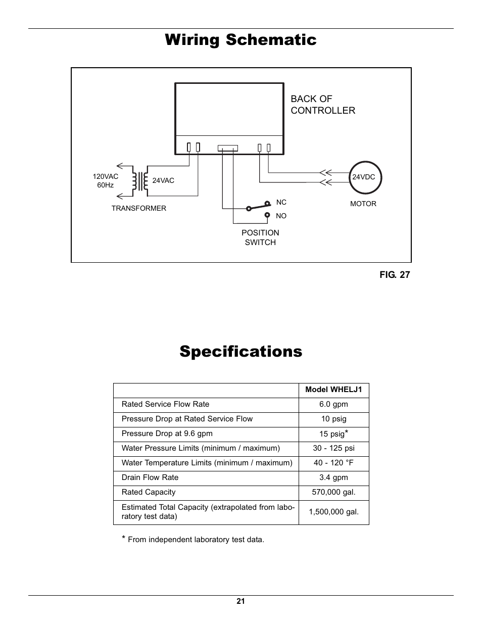 Wiring schematic, Specifications | Whirlpool WHELJ1 User Manual | Page 21 / 27