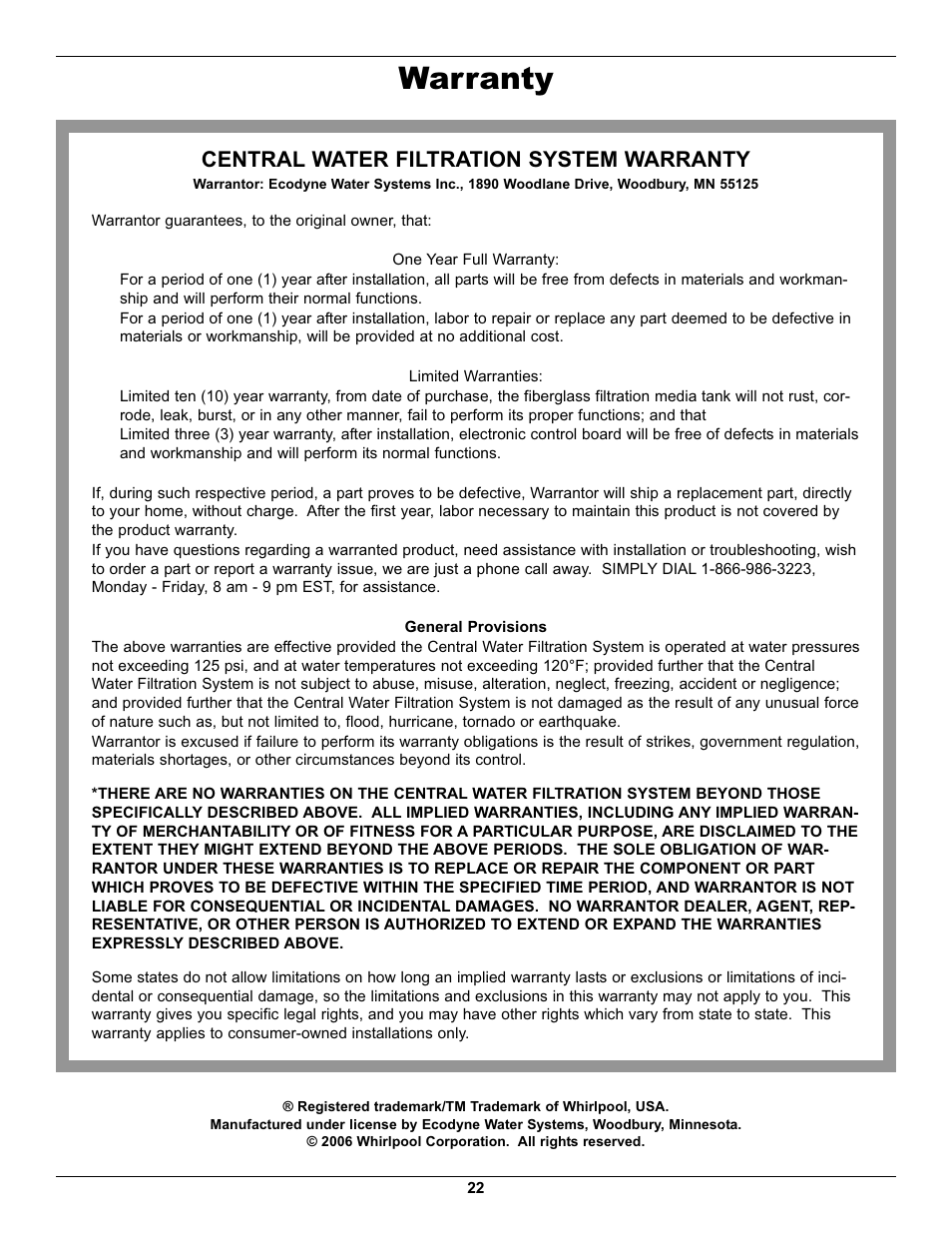 Warranty, Central water filtration system warranty | Whirlpool WHELJ1 User Manual | Page 22 / 27