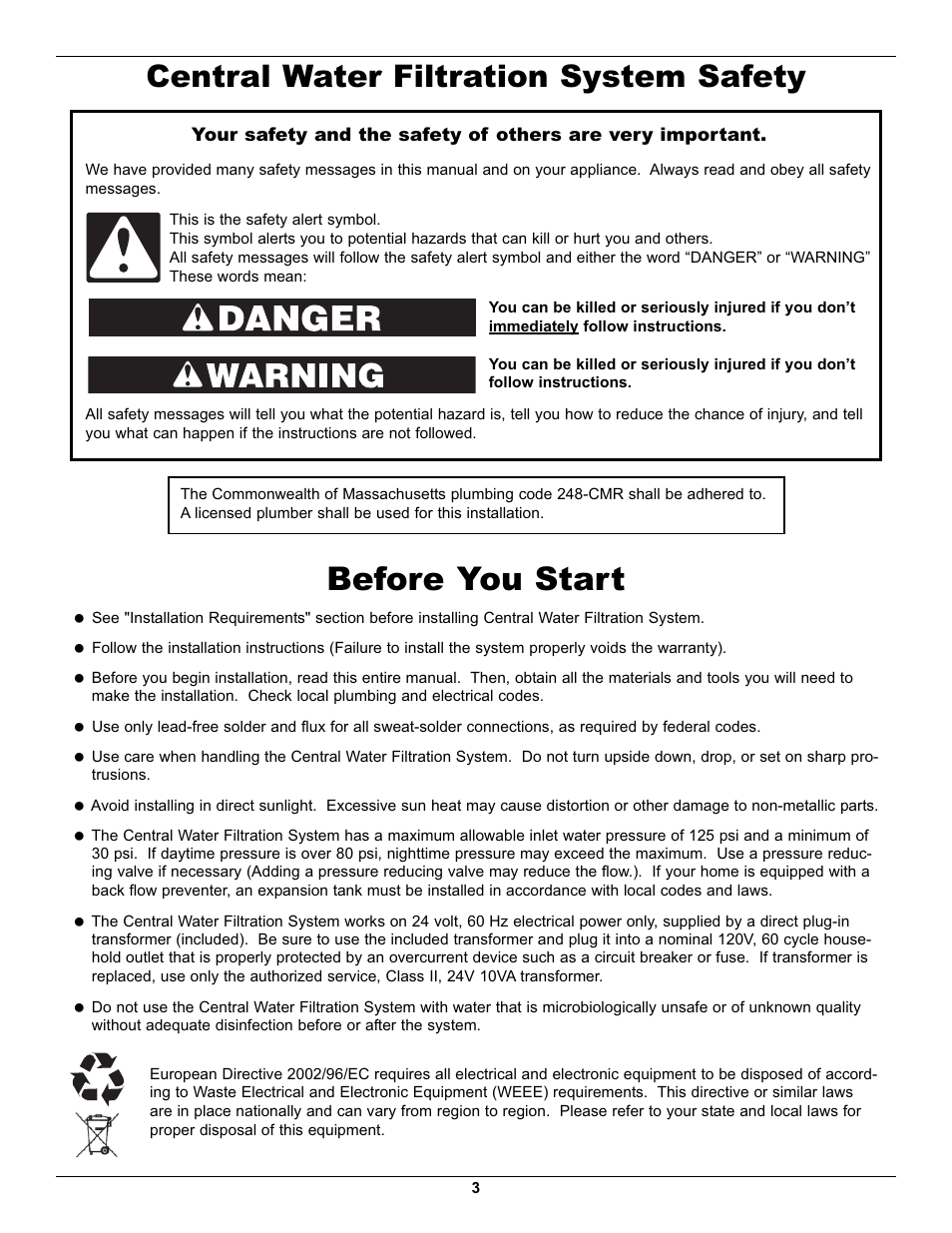 Before you start, Central water filtration system safety | Whirlpool WHELJ1 User Manual | Page 3 / 27