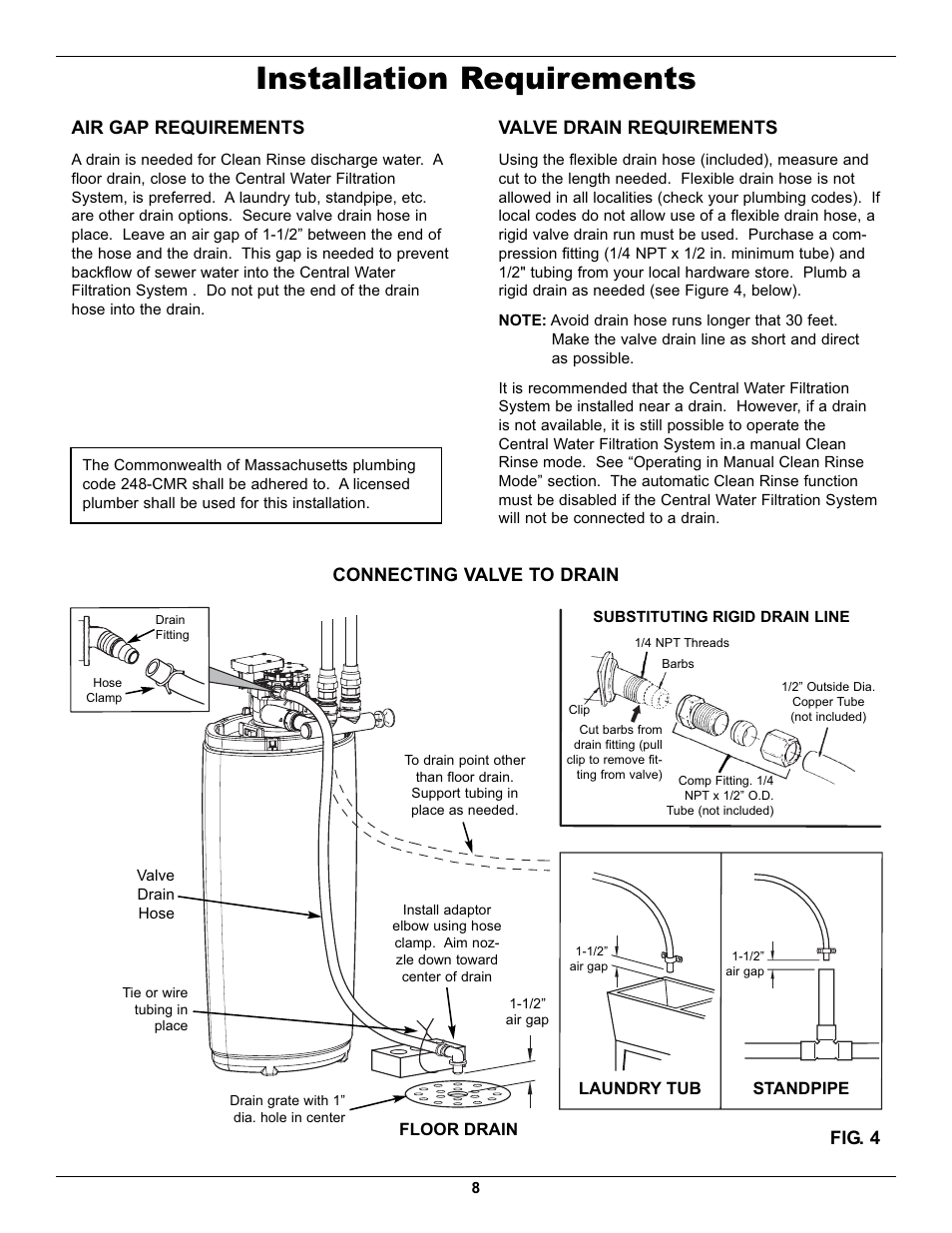 Installation requirements, Air gap requirements, Valve drain requirements | Fig. 4, Connecting valve to drain | Whirlpool WHELJ1 User Manual | Page 8 / 27