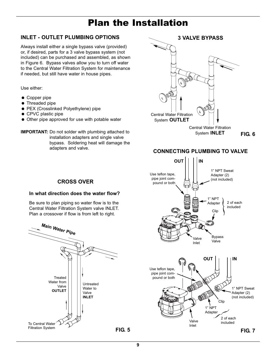 Plan the installation, Inlet - outlet plumbing options, Fig. 7 fig. 6 3 valve bypass | Connecting plumbing to valve, Cross over fig. 5 | Whirlpool WHELJ1 User Manual | Page 9 / 27