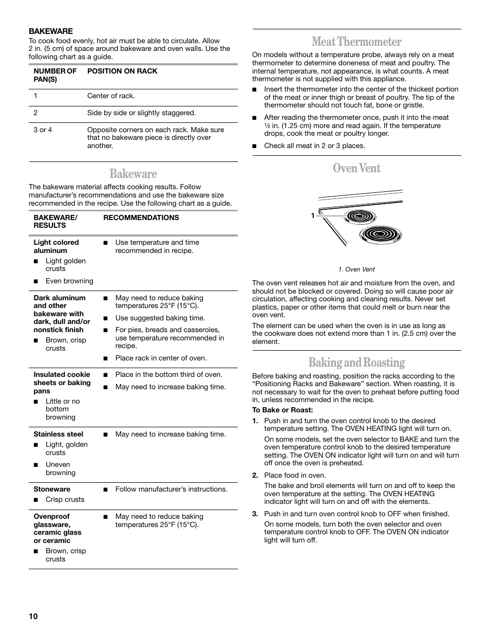 Bakeware, Meat thermometer, Oven vent | Baking and roasting | Whirlpool 9753313B User Manual | Page 10 / 16