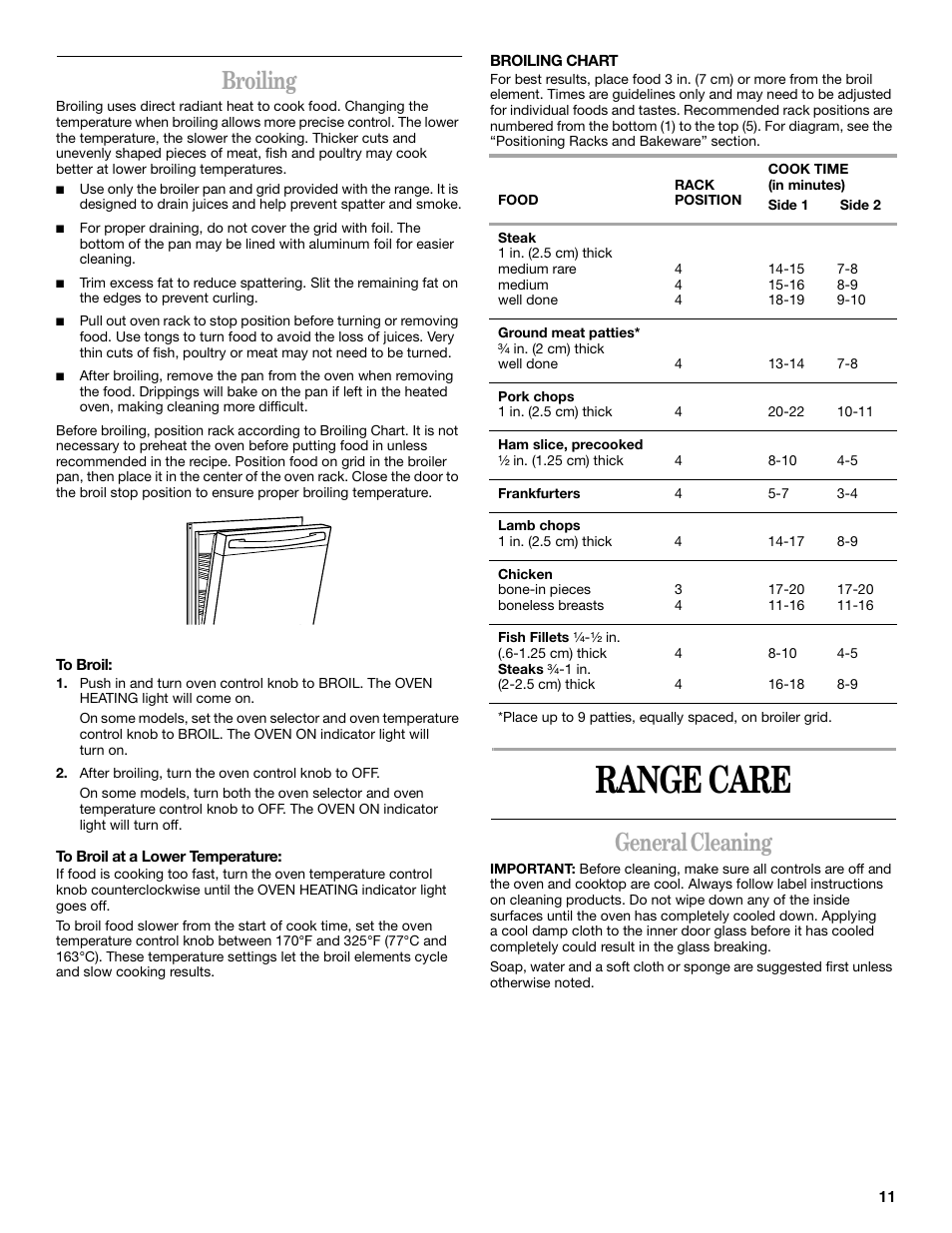 Range care, Broiling, General cleaning | Whirlpool 9753313B User Manual | Page 11 / 16
