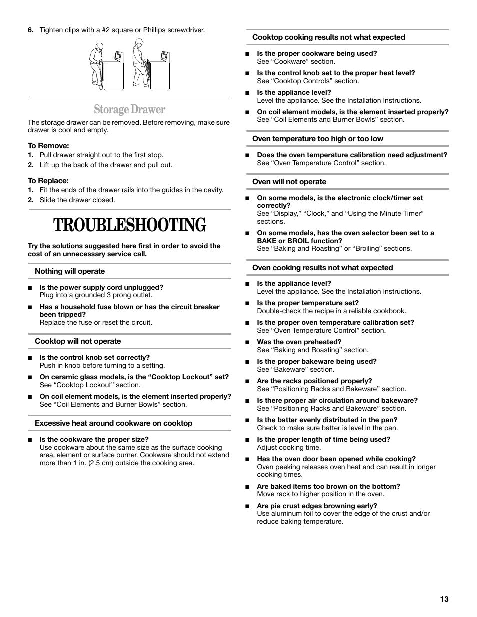 Troubleshooting, Storage drawer | Whirlpool 9753313B User Manual | Page 13 / 16