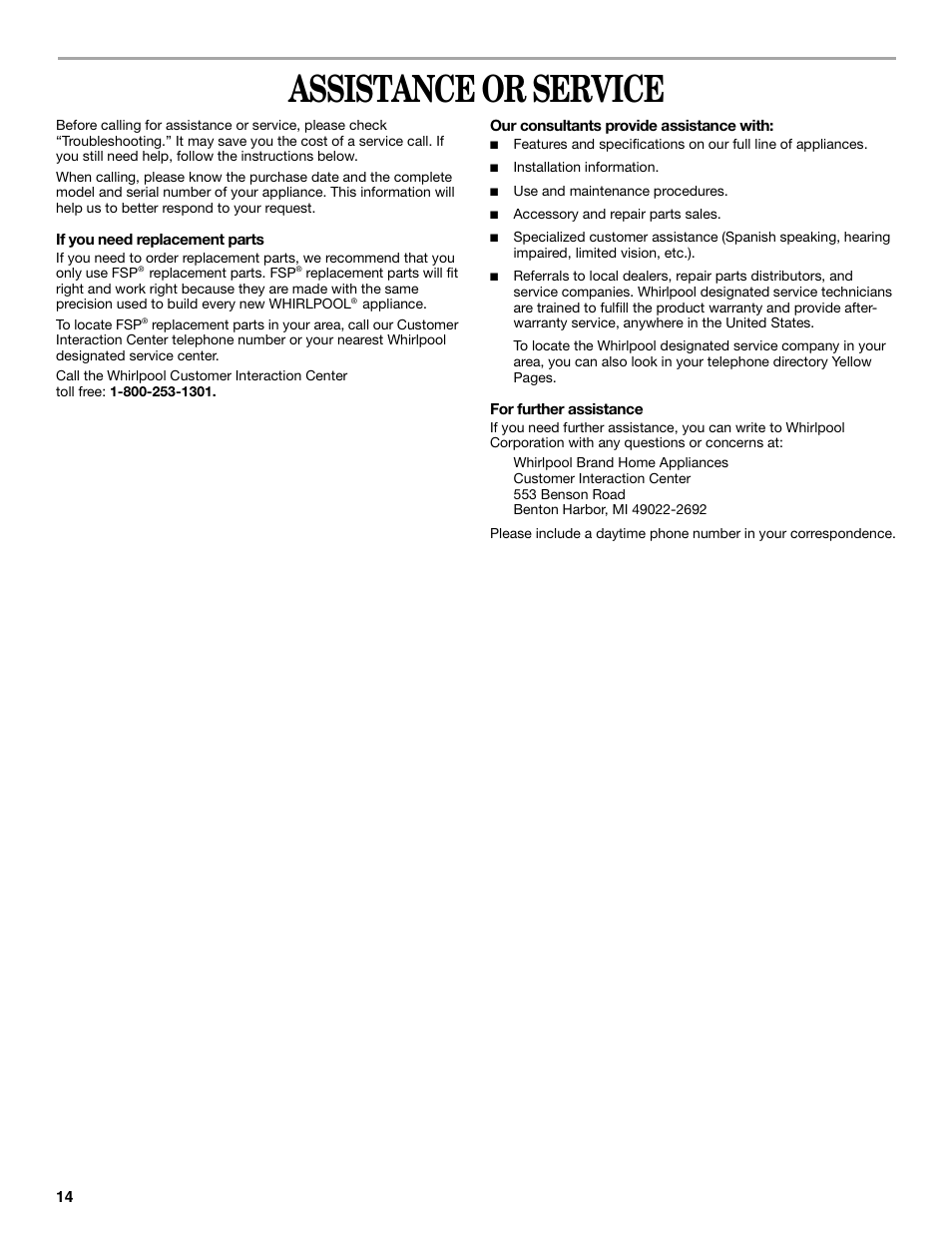 Assistance or service | Whirlpool 9753313B User Manual | Page 14 / 16