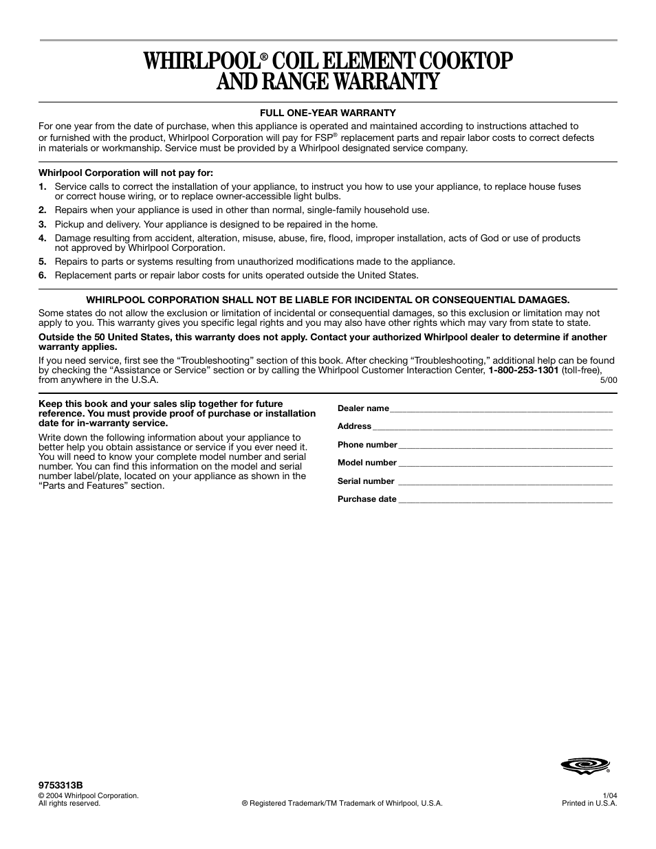 Warranty, Whirlpool, Coil element | Cooktop and range warranty | Whirlpool 9753313B User Manual | Page 16 / 16