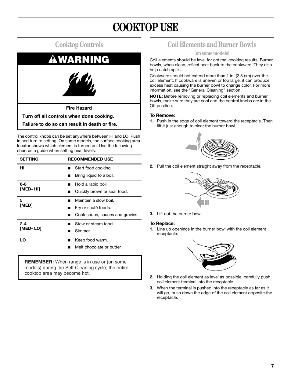 Cooktopuse, Cooktop use, Warning | Cooktop controls, Coil elements and burner bowls, On some models) | Whirlpool 9753313B User Manual | Page 7 / 16