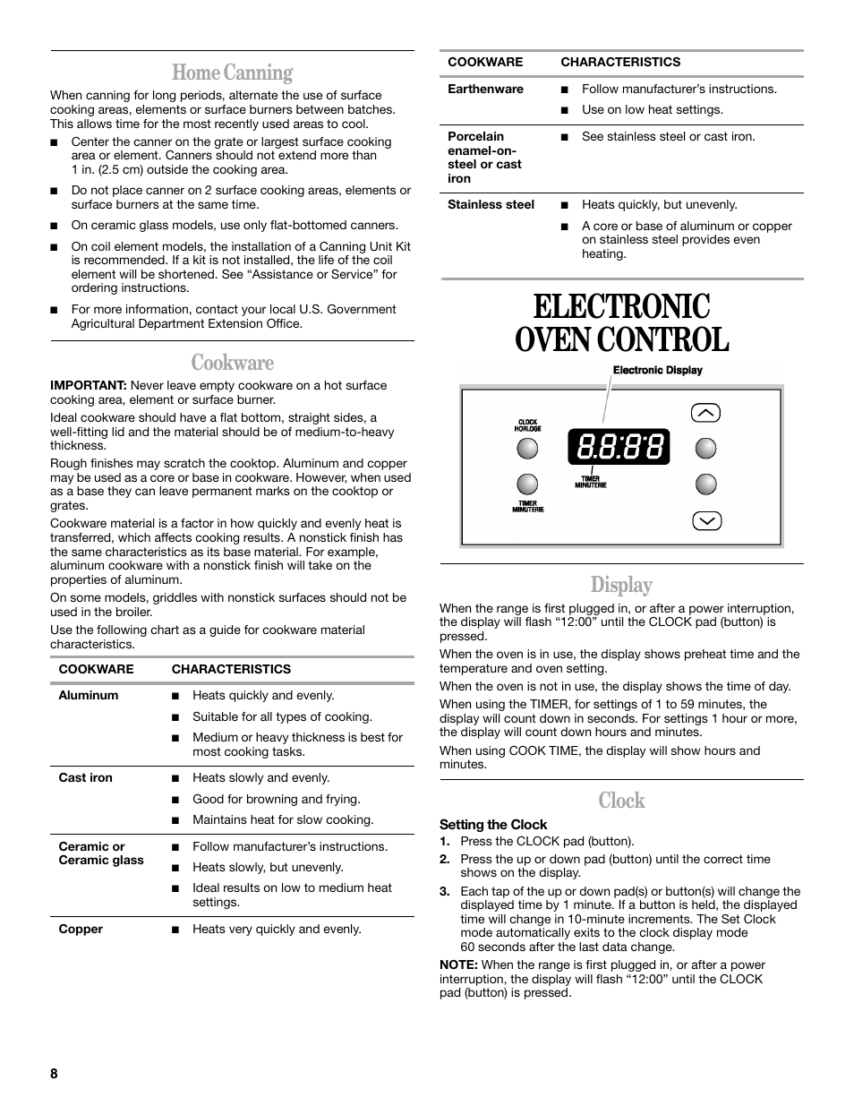 Electronic oven control, Home canning, Cookware | Display, Clock | Whirlpool 9753313B User Manual | Page 8 / 16