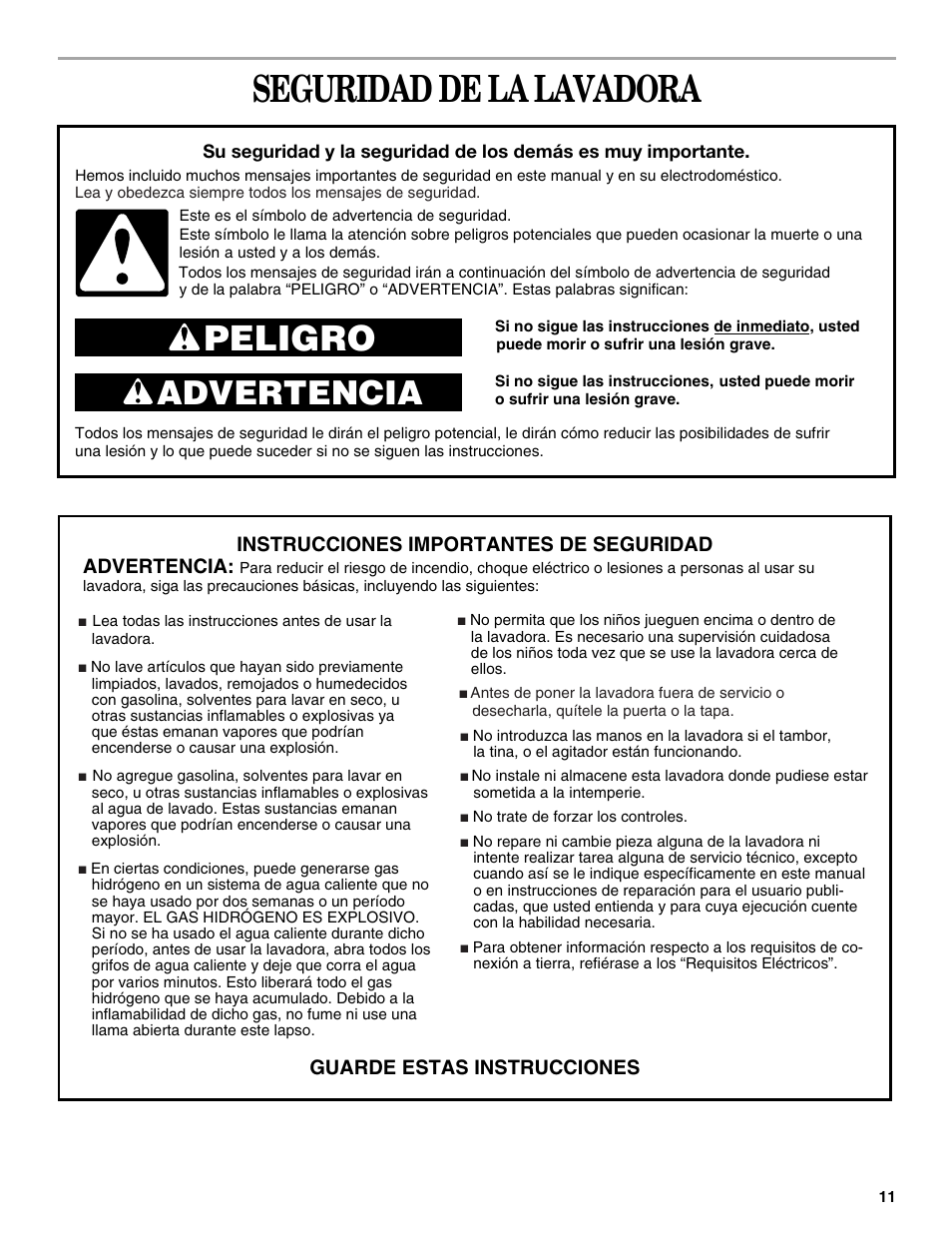 Seguridad de la lavadora, Peligro, Advertencia | Whirlpool 8539781 User Manual | Page 11 / 20