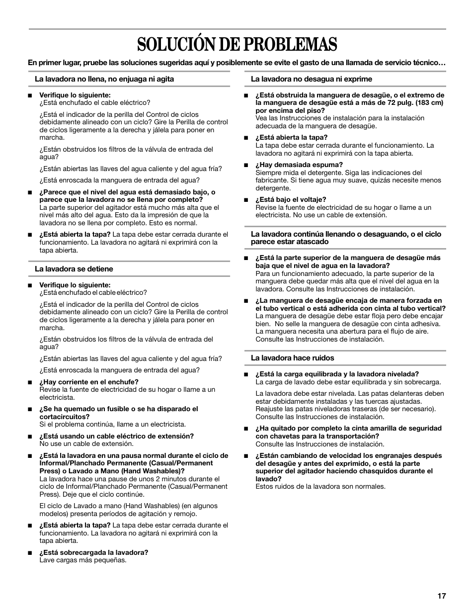 Solución de problemas | Whirlpool 8539781 User Manual | Page 17 / 20