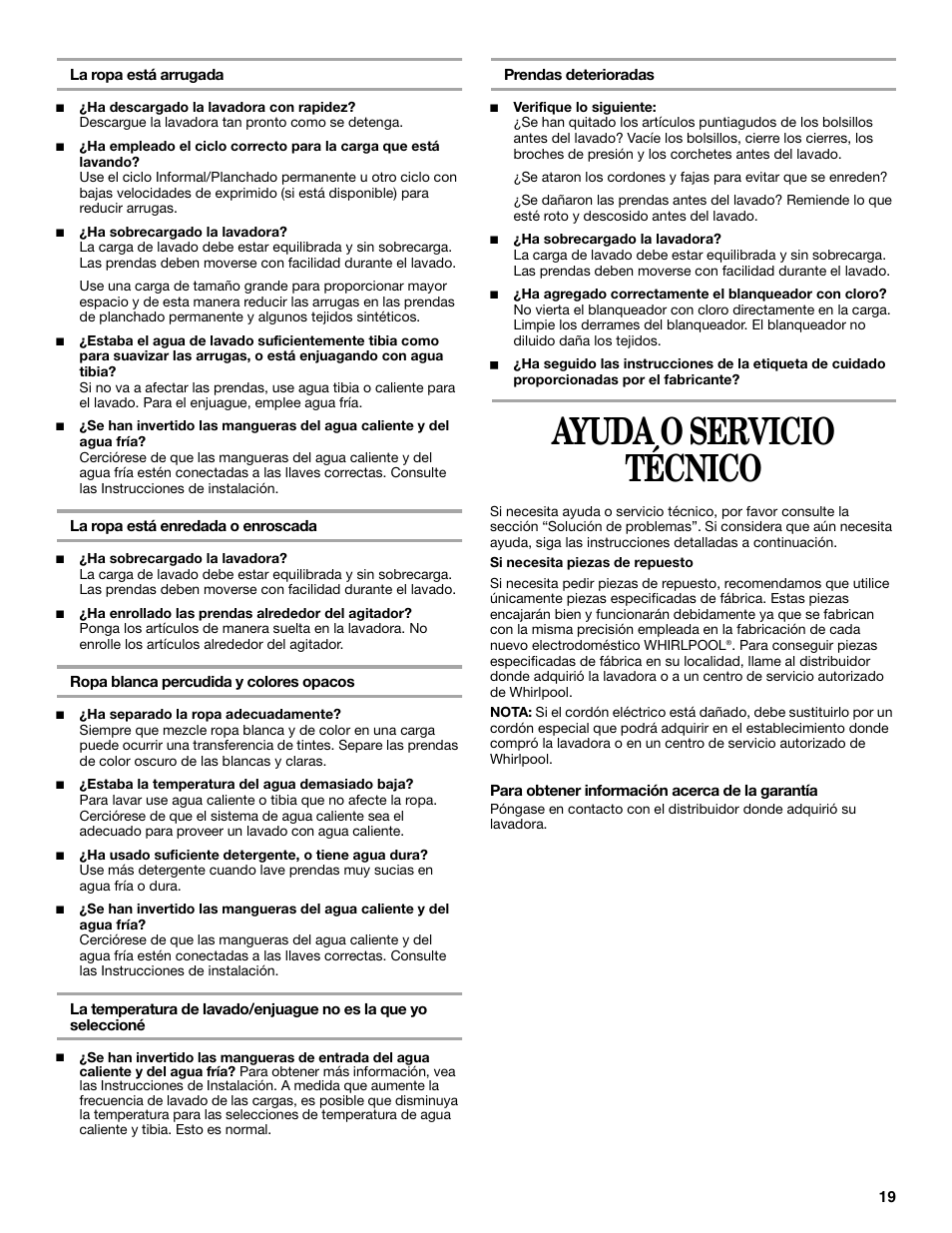 Ayuda o servicio técnico | Whirlpool 8539781 User Manual | Page 19 / 20