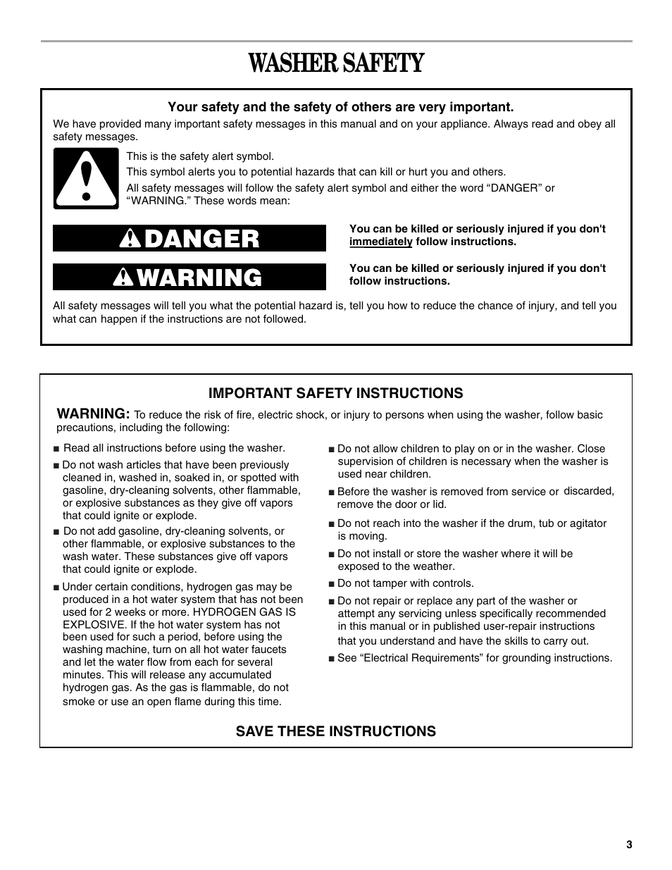 Washer safety, Warning | Whirlpool 8539781 User Manual | Page 3 / 20