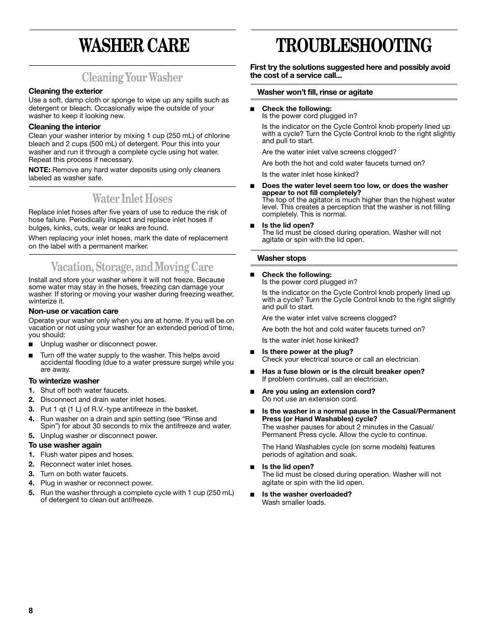 Washer care, Troubleshooting, Cleaning your washer | Water inlet hoses, Vacation, storage, and moving care | Whirlpool 8539781 User Manual | Page 8 / 20