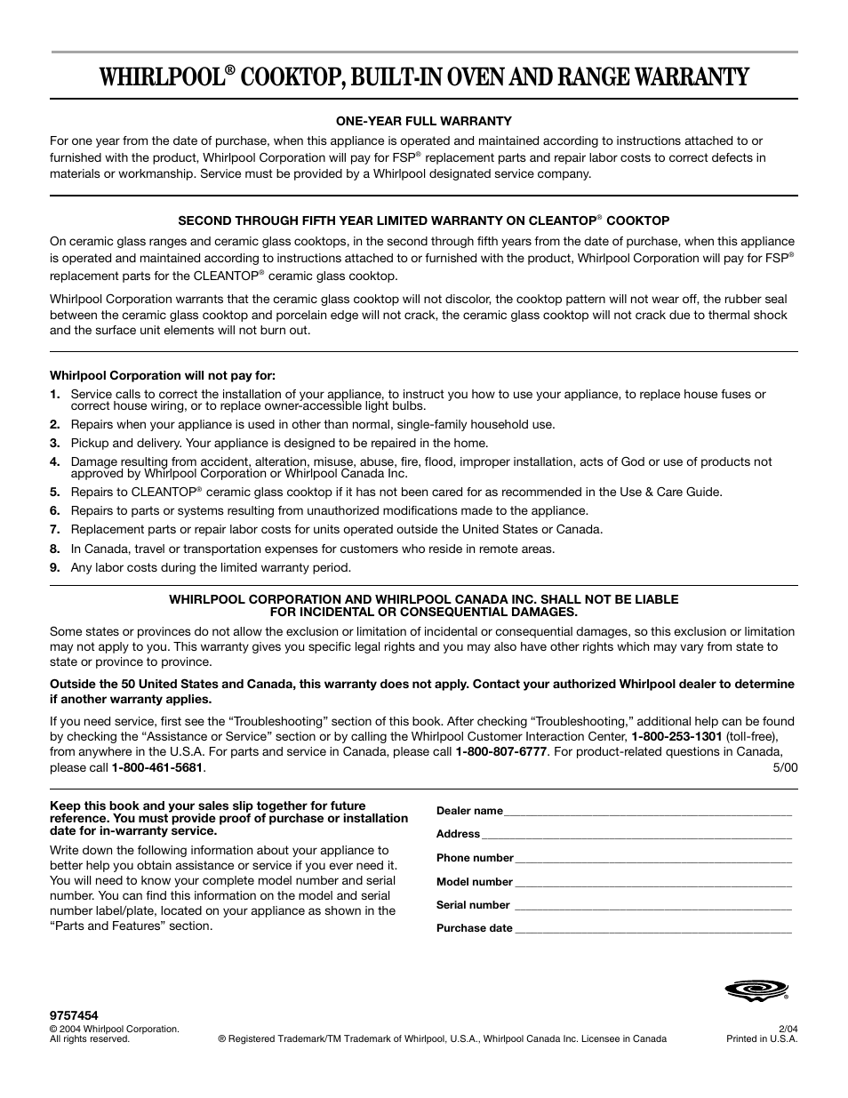 Whirlpool 9757454 User Manual | 1 page