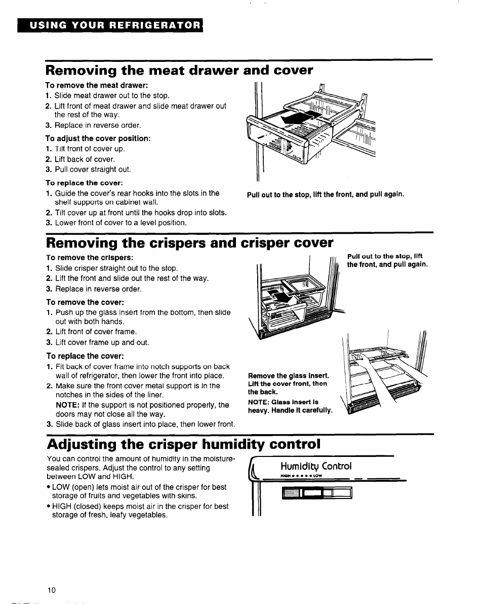 Removing the meat drawer and cover, Removing the crispers and crisper cover, Adjusting the crisper humidity control | Whirlpool 2184589 User Manual | Page 10 / 22