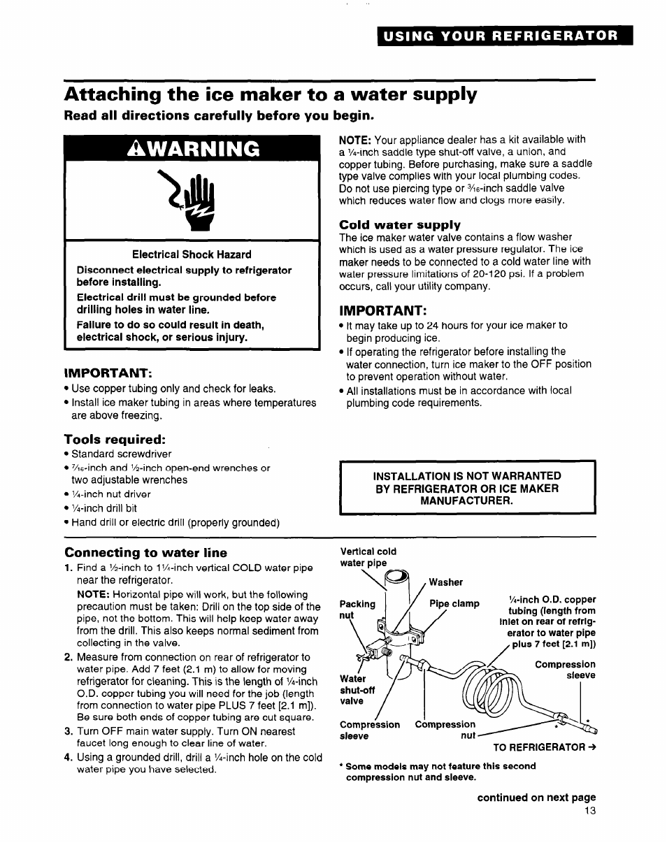 Attaching the ice maker to a water supply, Read all directions carefully before you begin, Important | Tools required, Cold water supply, Connecting to water line, Awarning | Whirlpool 2184589 User Manual | Page 13 / 22