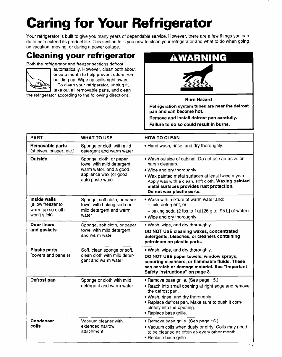 Caring for your refrigerator, Cleaning your refrigerator, Awarning | Whirlpool 2184589 User Manual | Page 17 / 22