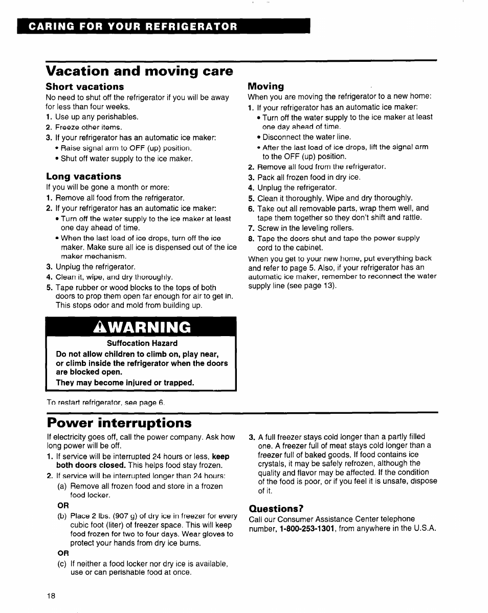 Vacation and moving care, Short vacations, Long vacations | Moving, Power interruptions, Questions, Awarning | Whirlpool 2184589 User Manual | Page 18 / 22