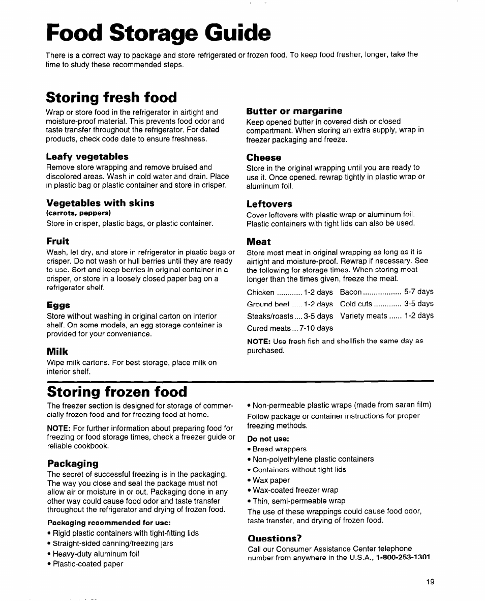 Food storage guide, Storing fresh food, Leafy vegetables | Vegetables with skins, Fruit, Eggs, Milk, Butter or margarine, Cheese, Leftovers | Whirlpool 2184589 User Manual | Page 19 / 22