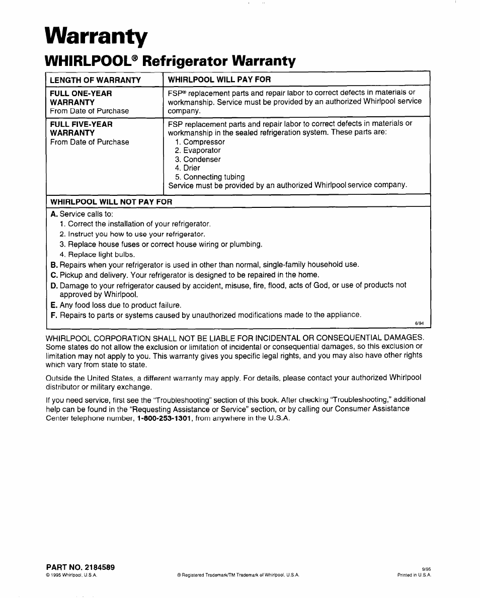 Warranty, Whirlpool® refrigerator warranty | Whirlpool 2184589 User Manual | Page 22 / 22