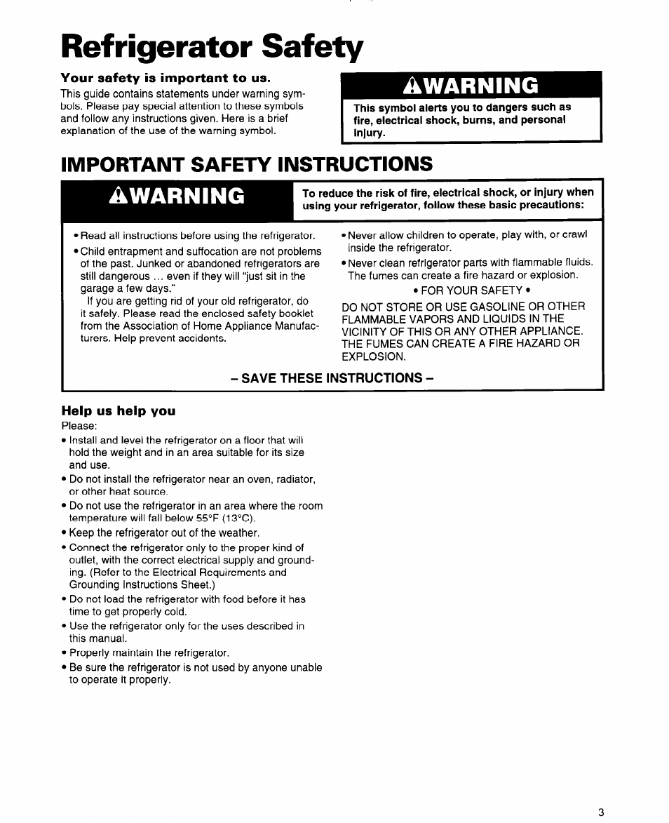 Refrigerator safety, Your safety is important to us, Important safety instructions | Save these instructions, Help us help you, Warning | Whirlpool 2184589 User Manual | Page 3 / 22