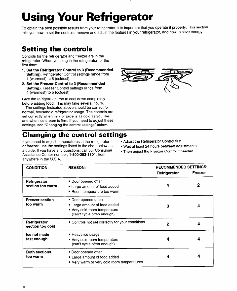 Using your refrigerator, Setting the controls, Changing the control settings | Whirlpool 2184589 User Manual | Page 6 / 22