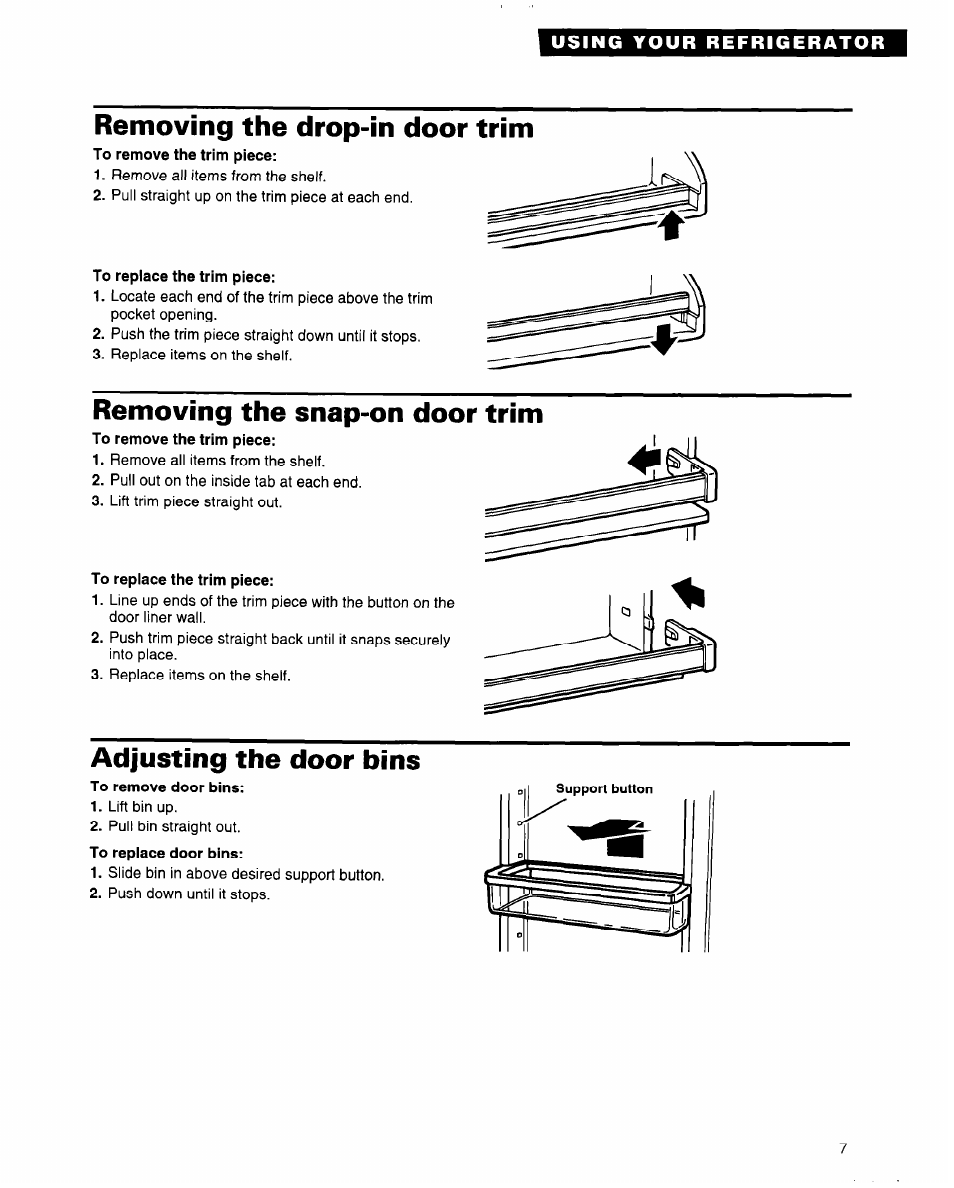 Removing the drop-in door trim, Removing the snap-on door trim, Adjusting the door bins | Whirlpool 2184589 User Manual | Page 7 / 22