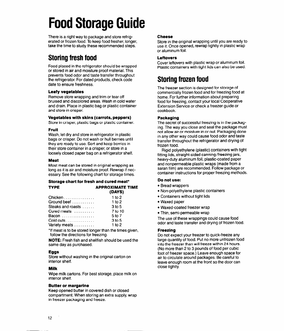 Food storage guide, Fruit, Meat | Days), Milk, Cheese, Leftovers, Do not use, Storing fresh food, Storing frozen food | Whirlpool ED20SK User Manual | Page 12 / 16