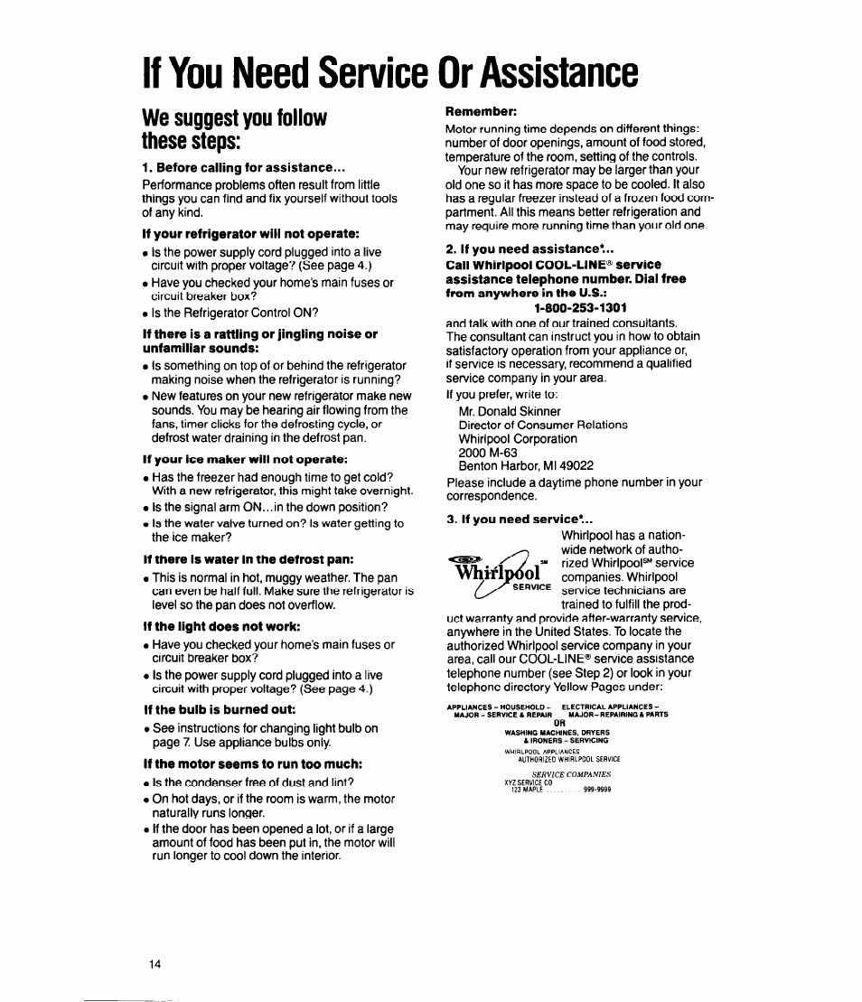 If you need service or assistance, Before calling for assistance, If the bulb is burned out | If the motor seems to run too much, Remember, If you need assistance, If you need service, Whirlpool, We suggest you follow these steps | Whirlpool ED20SK User Manual | Page 14 / 16