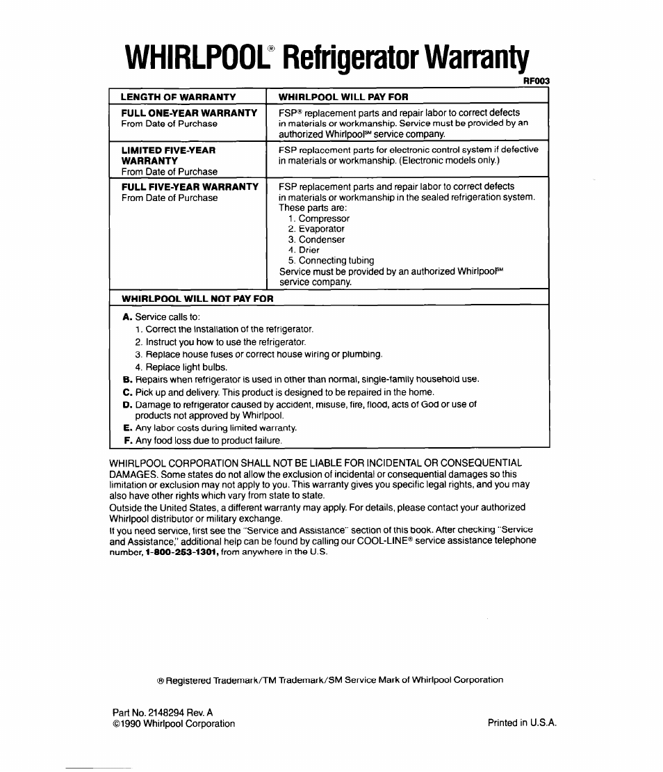 Whirlpool" refrigerator warranty | Whirlpool ED20SK User Manual | Page 16 / 16