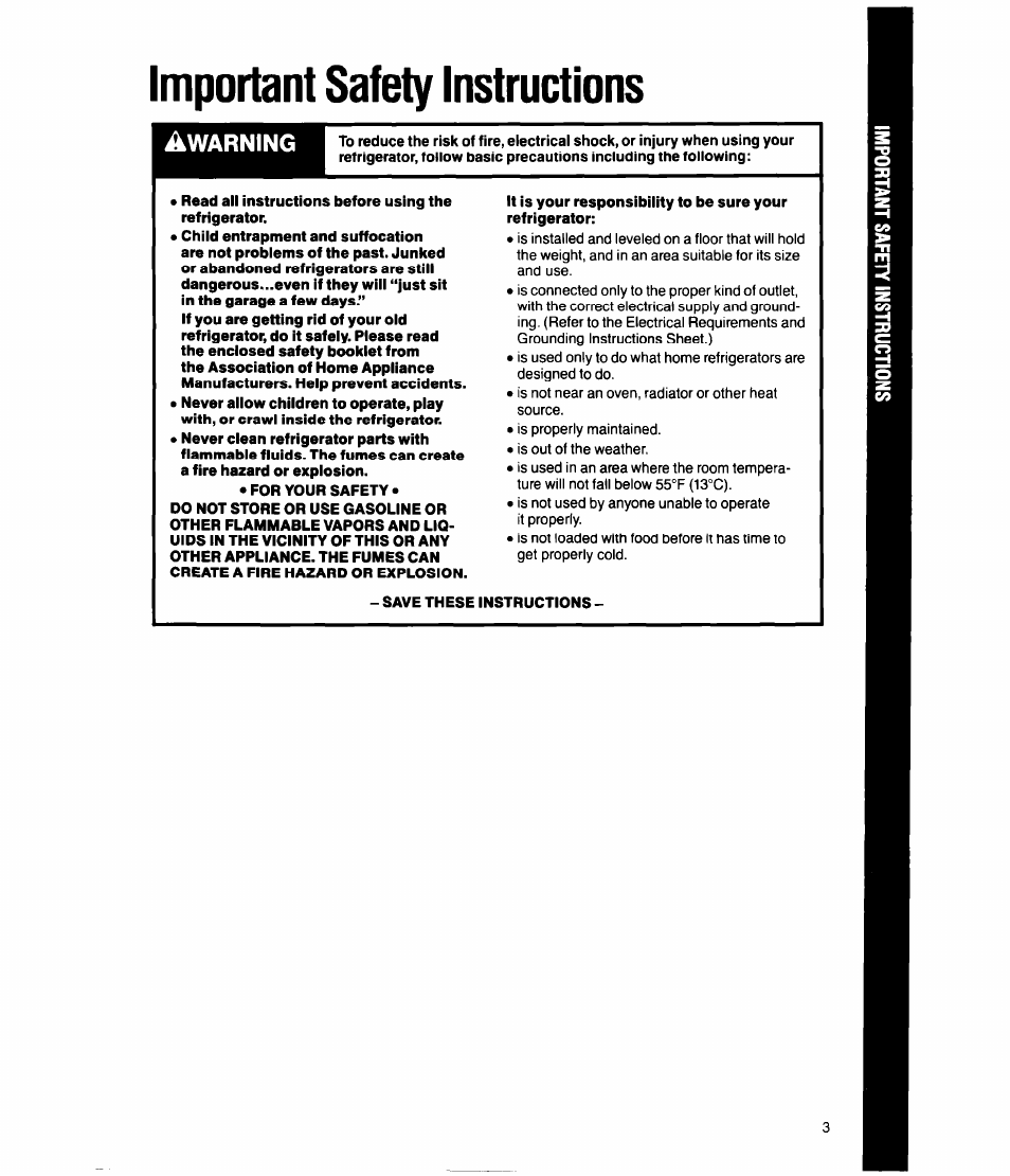 Important safety instructions, Warning | Whirlpool ED20SK User Manual | Page 3 / 16