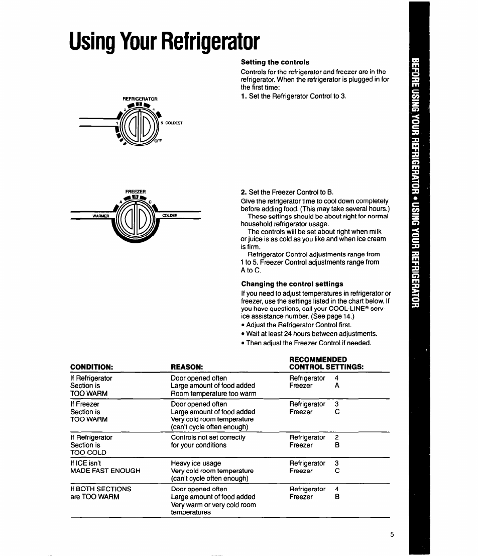 Setting the controls, Using your refrigerator | Whirlpool ED20SK User Manual | Page 5 / 16