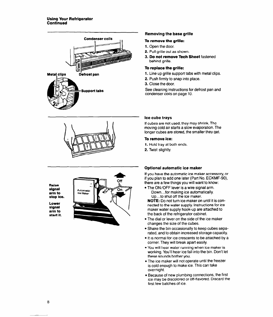 Removing the base griiie, Ice cube trays, To remove ice | Optional automatic ice maker, Removing the base grille | Whirlpool ED20SK User Manual | Page 8 / 16