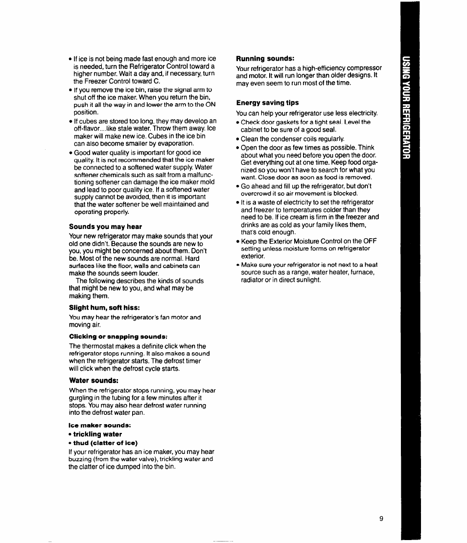 Sounds you may hear, Water sounds, Ice maker sounds | Running sounds, Energy saving tips | Whirlpool ED20SK User Manual | Page 9 / 16