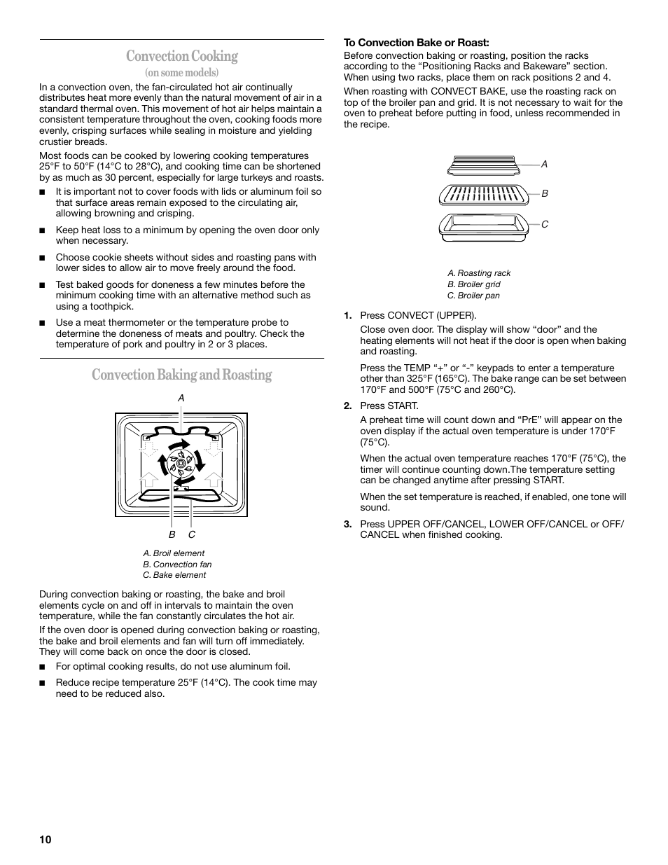 Convection cooking, Convection baking and roasting | Whirlpool GBD307 User Manual | Page 10 / 16