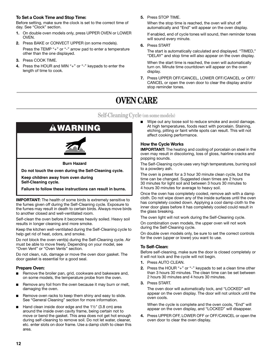 Oven care, Warning, Self-cleaning cycle | On some models) | Whirlpool GBD307 User Manual | Page 12 / 16