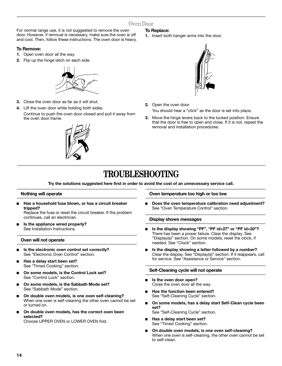 Troubleshooting, Oven door | Whirlpool GBD307 User Manual | Page 14 / 16