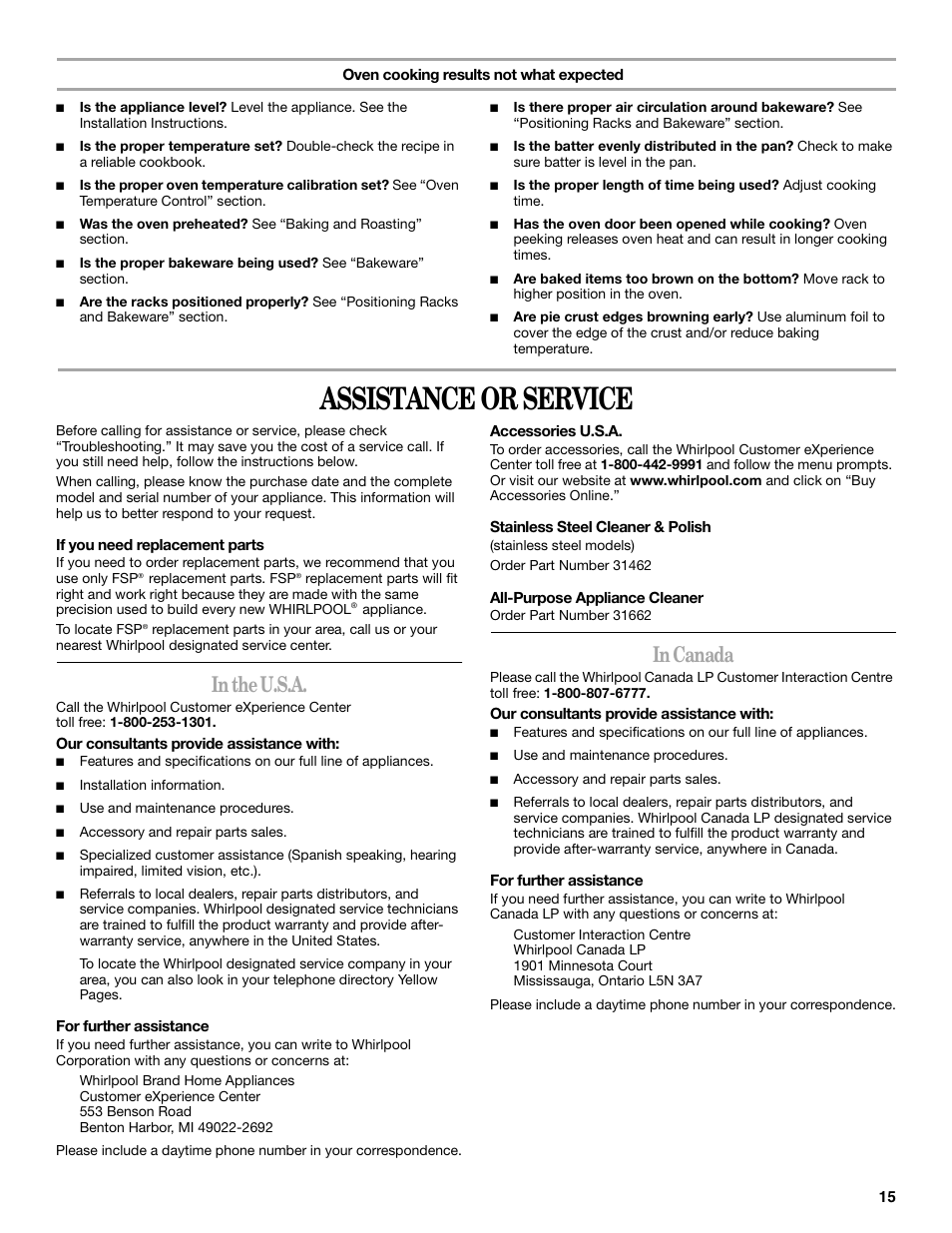 Assistance or service | Whirlpool GBD307 User Manual | Page 15 / 16