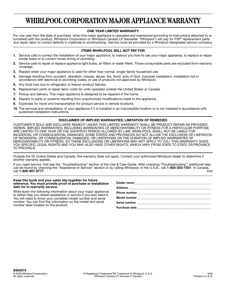 Whirlpool corporation major appliance warranty | Whirlpool GBD307 User Manual | Page 16 / 16