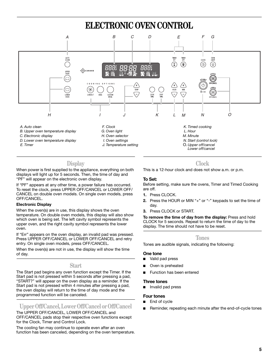 Electronic oven control, Display, Start | Upper off/cancel, lower off/cancel or off/cancel, Clock, Tones | Whirlpool GBD307 User Manual | Page 5 / 16