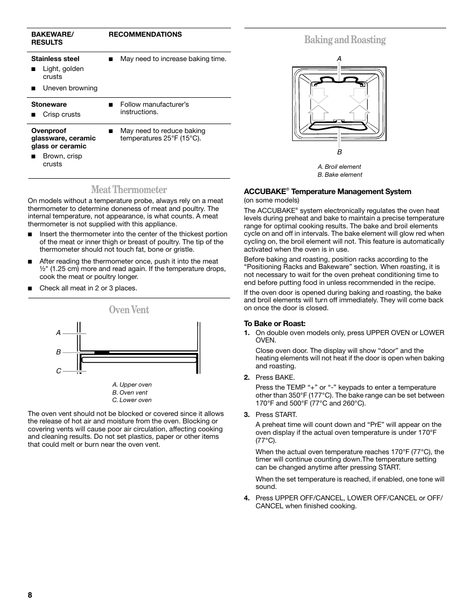 Meat thermometer, Oven vent, Baking and roasting | Whirlpool GBD307 User Manual | Page 8 / 16