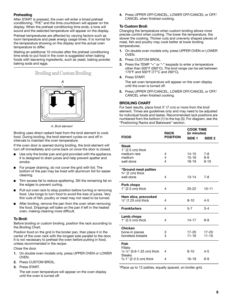 Broiling and custom broiling | Whirlpool GBD307 User Manual | Page 9 / 16