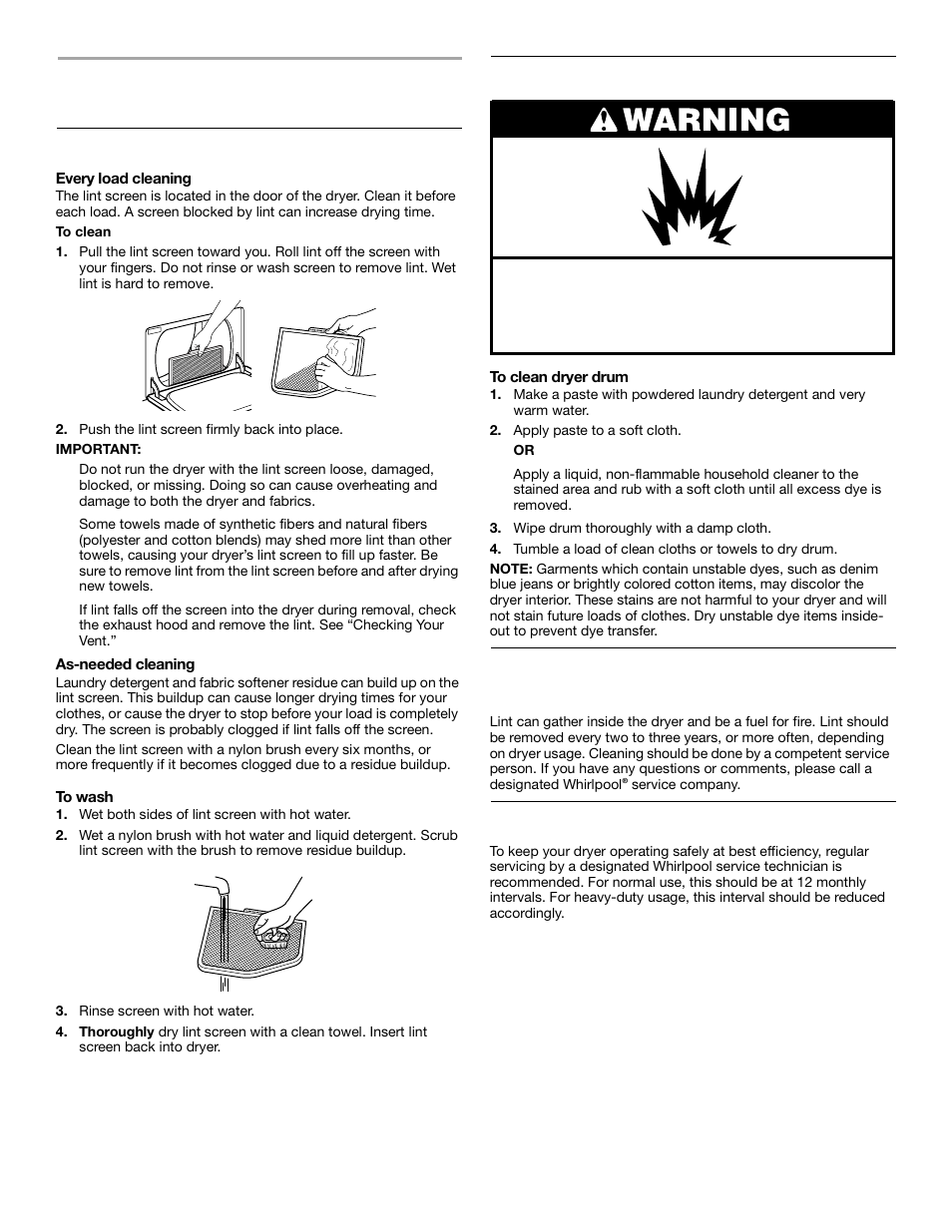 Dryer care, Cleaning the lint screen, Cleaning the dryer interior | Regular servicing | Whirlpool 3RLEQ8000 User Manual | Page 10 / 12