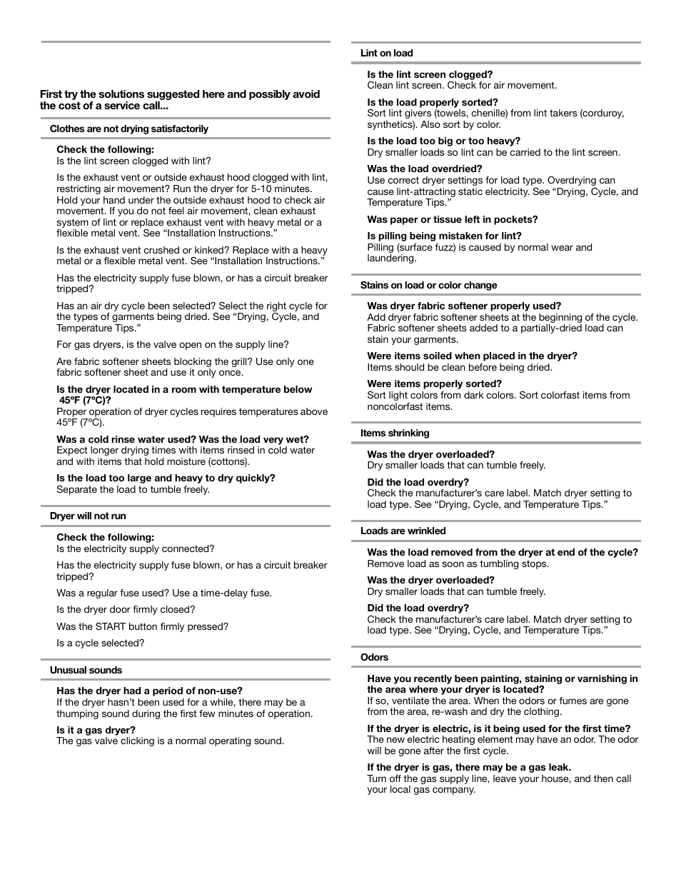 Troubleshooting | Whirlpool 3RLEQ8000 User Manual | Page 11 / 12