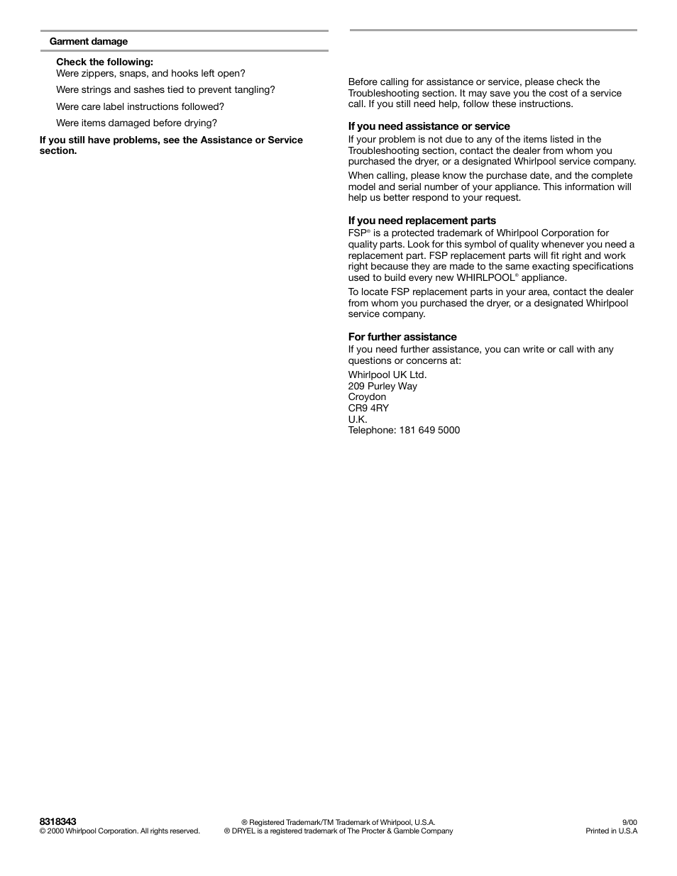 Assistance or service | Whirlpool 3RLEQ8000 User Manual | Page 12 / 12